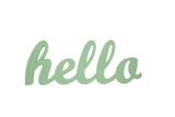Distressed seafoam 'hello' script wood sign, hand-painted from reclaimed wood, 16x6.5 inches.