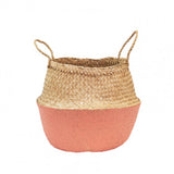 Olli Ella handmade seagrass belly basket, natural weave with sherberty-coral dipped base.