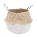 Large woven seagrass belly basket with white dipped base, 18 inches diameter.