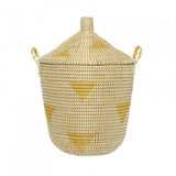 Handwoven Yellow Teepee Basket featuring yellow geometric triangles on natural seagrass, 14x24 inches.