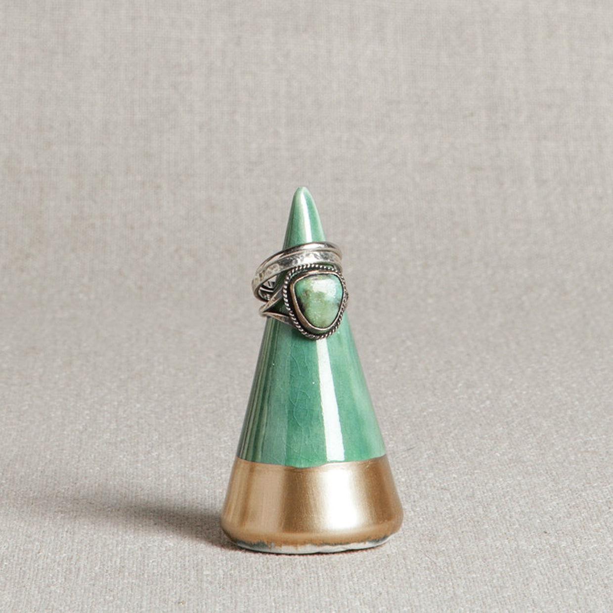 Emerald Ring Holder, minimalist cone-shaped green porcelain with gold leaf. 2