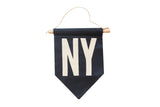 Navy felt pennant flag with cream NY letters, wooden dowel, and twine, 7x10 inches.