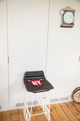 Crimson red NY felt flag, featuring cream hand-cut letters and oak dowel.