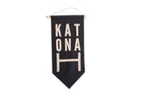 Navy and cream Katonah felt flag banner with unique vertical lettering, 18