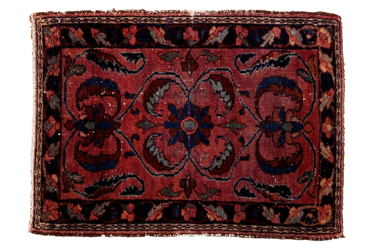 Antique Lilihan rug mat, rich raspberry red, navy border, expressive floral medallion, 2'2" x 2'11".