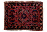Antique Lilihan rug mat, rich raspberry red, navy border, expressive floral medallion, 2'2