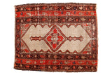 Antique Distressed Malayer square rug, camel field, diamond floral medallion, tomato red borders.