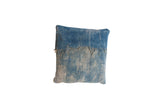 African Indigo throw pillow with sun-faded blue textile and frayed edge, 20x20.