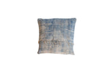African Indigo Handmade Pillow with sun-faded blue vintage textile and loose threads, 20x20.
