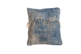 African Indigo pillow, sun-faded blue vintage textile with frayed threads, 12x12.