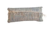 African Indigo handmade lumbar pillow, sun-faded blue woven textile, raw fringe, 10x24.