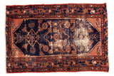 Antique distressed Malayer rug, navy blue Herati field, dusty rose border, 2'5