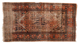 Antique distressed Malayer rug, faded madder red, slate blue, diminutive medallion, Herati field.