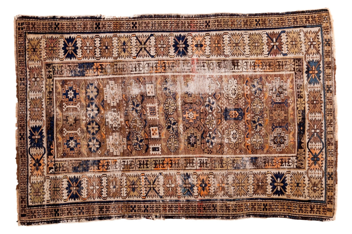 Antique distressed Caucasian Kuba rug, unique faded mauve, indigo, orange geometric design, 3x4.7.