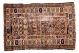 Antique distressed Caucasian Kuba rug, unique faded mauve, indigo, orange geometric design, 3x4.7.