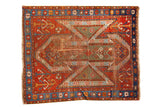 Distressed antique Sewan Kazak rug, geometric shield design, madder red, olive, and sky blue, 4'4