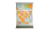 Vintage American Geographers Series 1957 pull down map, vibrant states and blue oceans.