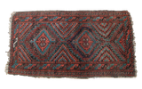 Balouch tribal rug with rhythmic geometric patterns in deep red and mallard green, 1'8