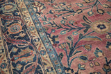 Vintage Meshed carpet: plum, navy tree of life design, intricate tendrils, Safavid border.