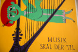 Mid Century Modernist poster featuring green figure with red hair and black harp strings.