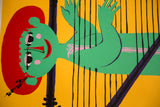 Modernist Art Poster detail: green character's red hair, face with pink cheeks, and black harp strings.