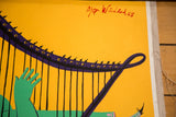 Modernist art poster by Wiinblad showing green hand, purple harp, and linen border.