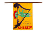 Mid Century Modernist Art Poster featuring a green figure playing a purple harp on yellow.