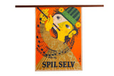 Modernist Spil Selv poster by Wiinblad, whimsical flutist on a vibrant orange background.