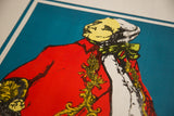 Close-up: Mid Century Italian Opera Poster with red jacket, gold trim, and blue texture.