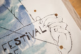 Mid Century Spoleto poster detail: 'FESTIVAL' text, hand sketch, blue strokes, brown patina.