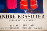 Andre Brasilier and 1959 exhibition details on the Mid Century poster with abstract pink and red art.