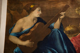 Classical woman in blue playing a guitar from the vintage Poussin poster.