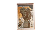 Mid Century lithograph poster of a Beethoven bust sculpture against a graphic, gold-toned background.