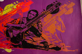 Vintage music poster, orange sitar neck, tuning pegs, and purple background.