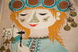Modernist Wiinblad poster detail: musician with curly orange hair, decorated face, holding bells.