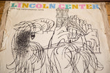 Top-left of vintage Lincoln Center poster, title and figure's face with creased edges.