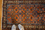 Vintage Hamadan rug featuring a vibrant repeating Herati pattern in red rust and blues.
