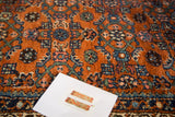 Vintage Hamadan rug Herati pattern, with red rust, sky blue, sea foam green, brown, and ivory.