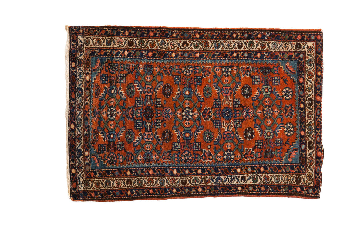 2.5x4 Vintage Hamadan rug showcasing allover Herati pattern in red rust, sky blue, sea foam.