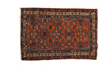 2.5x4 Vintage Hamadan rug showcasing allover Herati pattern in red rust, sky blue, sea foam.