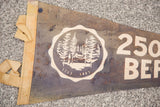 Faded blue felt flag detail showing central cream tree design and anniversary text.