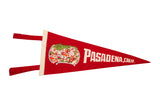 Red felt vintage Pasadena California pennant flag with white lettering and city scene, 5x12.
