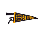 Vintage 1958 NYC St. George black felt flag with yellow lettering and binding.