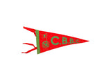 Vintage red felt C.B.B.C. pennant flag with green symbols and trim, 4x9 inches.