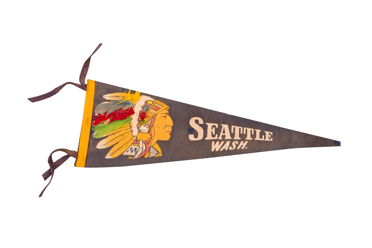 Vintage Seattle Washington felt flag, dark gray with colorful chief illustration, yellow border, 6x17 inches.
