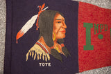 Close-up of vintage felt banner's red and blue sections, green 'MPD' lettering.