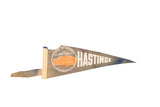 Faded, fragmented vintage Nebraska House of Yesterday felt flag banner, blue-gray with orange graphic, 4x11.