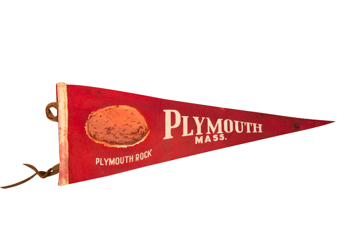 Vintage red felt Plymouth Rock Massachusetts flag with white text and rock image.