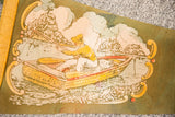 Detail of vintage Newfound Lake felt flag with yellow boat and figure, showing print wear.