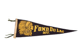 Vintage 1940s black felt Fond Du Lac Wisconsin pennant, yellow headdress graphic.